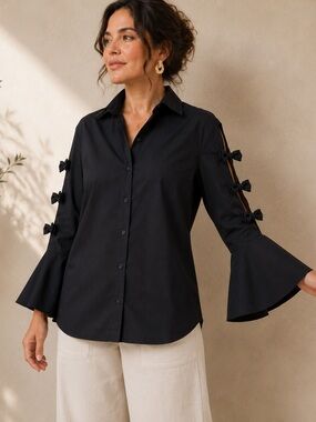 Statement Bow Sleeve Bell Cuff Stretch Cotton Blouse | Best Fits Large